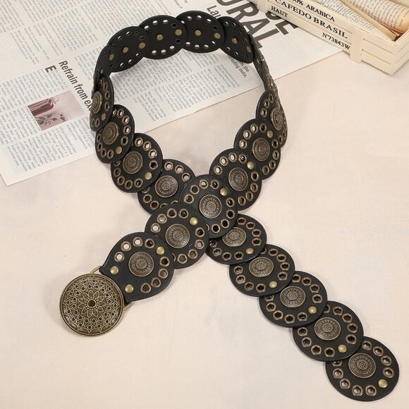 Women Vintage Disc Waist Concho Leather Belt Boho Waist Belt Black Bronze Buckle - Picture 7 of 7